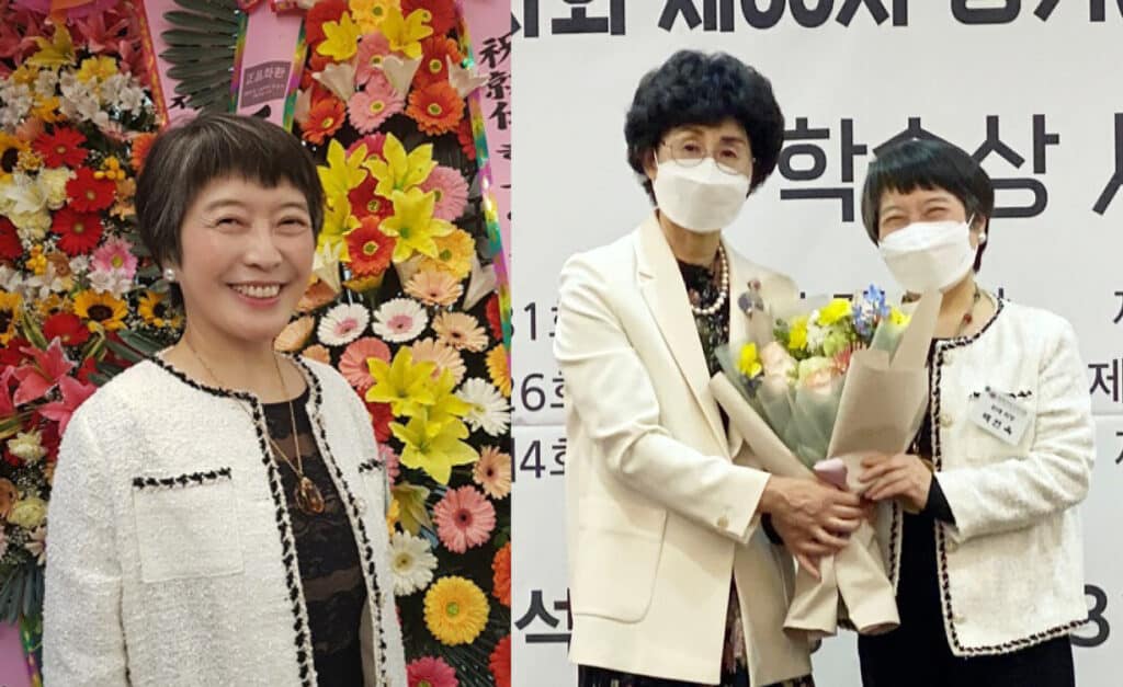 Figure 1: left: new President President Baik Hyun-wook. Right: Suk-wan Yoon (left) holds an inauguration ceremony for new President Baik Hyun-Wook (right) and presents a bouquet of congratulations.