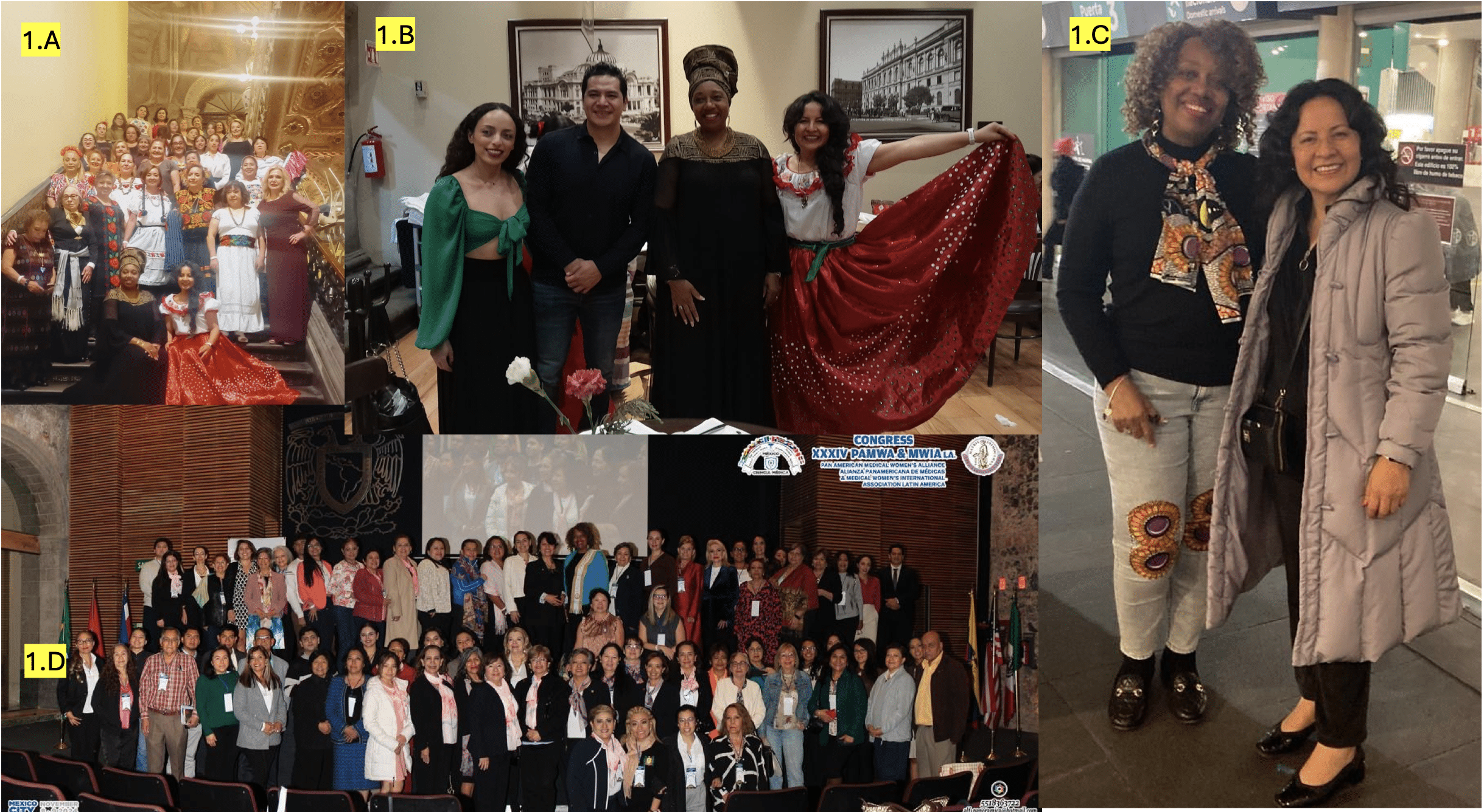 Fig 1.A, PAMWA Meeting Mexico, Nov 24-25, 2024, at UNAM Fig 1.B,Veronica Clara Rodriguez Torres, tipical costume Fig 1.C, Eleanor Nwadinobi, MWIA president at Mexico aeroport with Veronica Fig 1.D, Audience PAMWA Meeting Mexico, under the Presidency Veronica