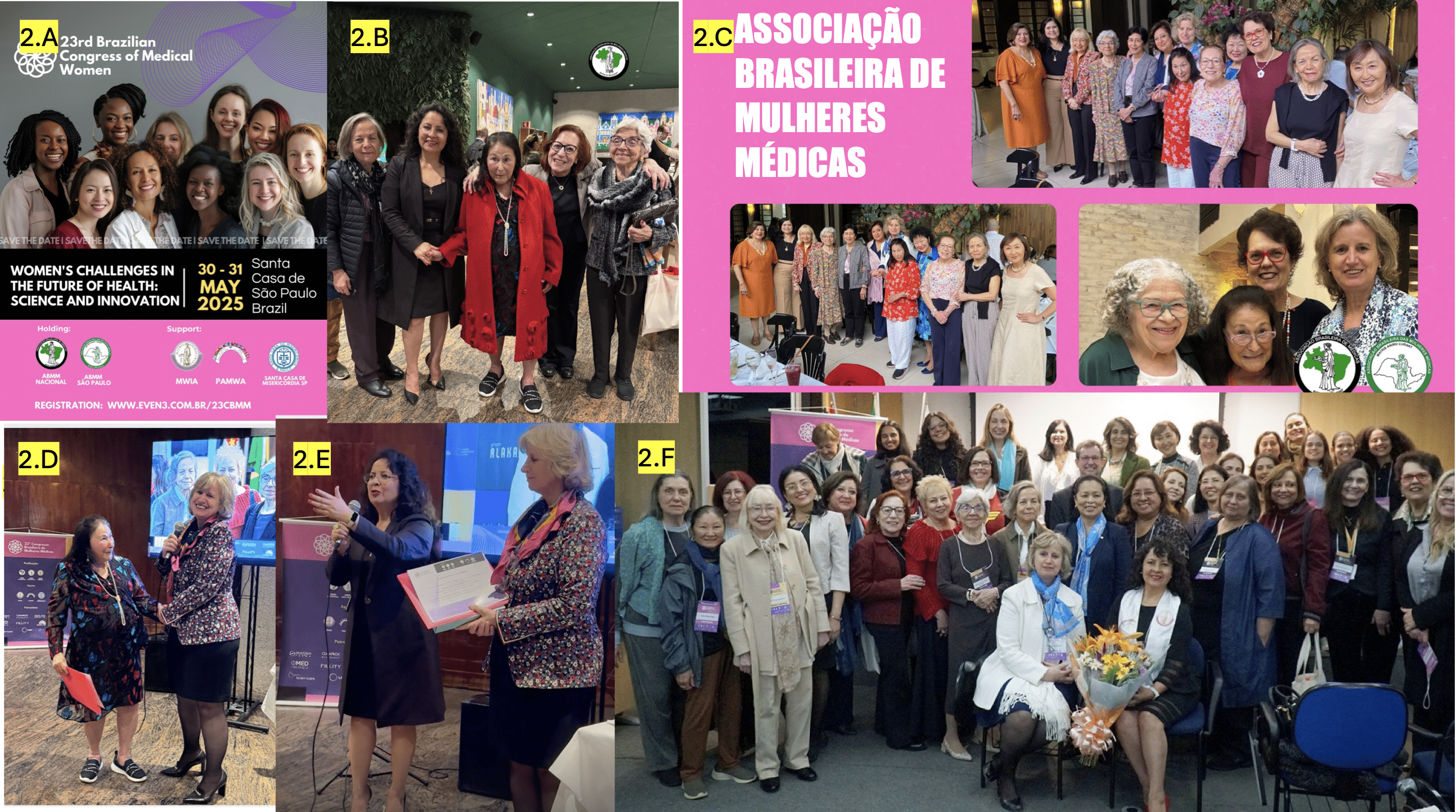 Fig 2.A, Flyer 23rd Brazilian Congress of Medical Women Association-ABMM, May 30-31, 2025, Sao Paulo, Brazil, Santa Casa de Misericordia, Sao Paulo, Fig 2.B, ABMM Leaders, Brazilian medical Women Association celebration, left to right: Francy Reis da Silva Patrocinio, Elizabeth Giunco Alexandre, Marilene Melo, Veroncia Clara Rodriguez Torres and Eliza Maria do Ceu B Moreira Garcez. Fig 2.C, ABMM celebration 2024 picture, Flyer 2025 2025 meeting Fig 2.D, Closure dinner and celebration with Dr Marilene Melo, president of honor and Nelci Zanon, congress president ABMM 23o meting Fig 2.E, Veronica Clara Rodrigues Torres, PAMWA president, final words rewarded by Nelci Zanon president of the May 30-31, 2025 Fug 2.F, Audience at the end on the second day meeting. Organizing committee of the 23rd Brazilian meeting ABMM Online weekly activities